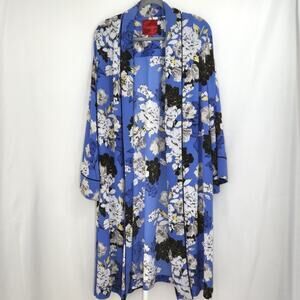 Jennifer Lopez Blue White Floral Kimono Duster Robe Beach Coverup Womens Size 2X